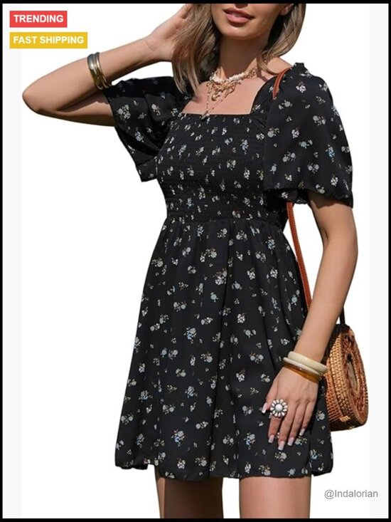 Dresses & Skirts - Swiss Dot Square Neck Mini Dress with Ruffle Sleeves and Flowy Swing Skirt